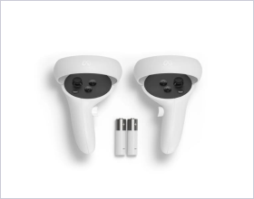 Two wireless game controllers with modern ergonomic design resting side by side on a reflective surface in a minimalistic high-tech environment with soft ambient lighting and detailed tactile buttons evoking a calm inviting mood for immersive gameplay