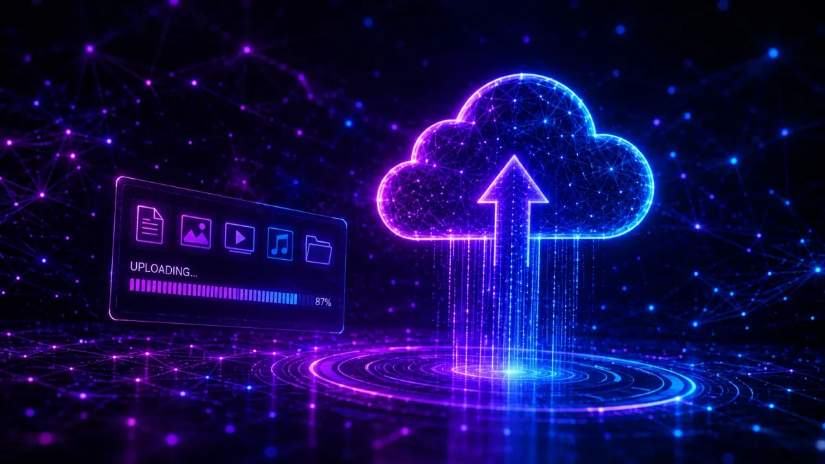 Glowing neon cloud with an upload arrow rising into it from a circular platform, beside a panel of document, image, video and music icons above an upload progress bar