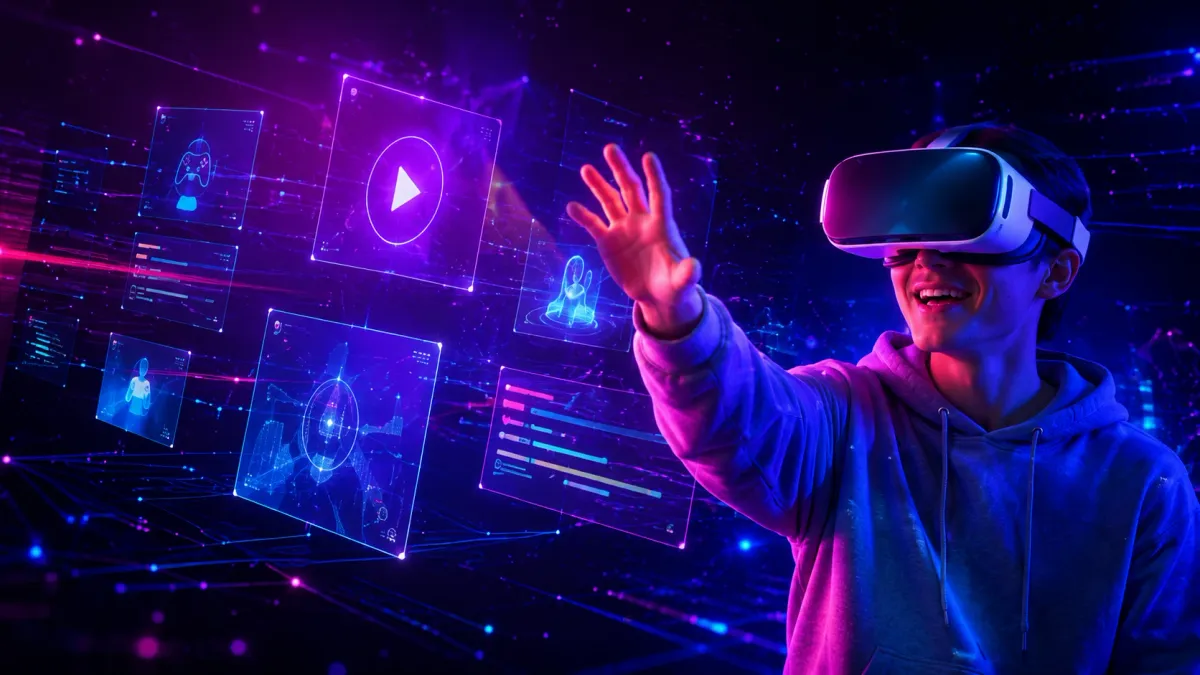 Smiling young person wearing a virtual reality headset with one hand raised towards floating translucent screens showing a video player, a game controller and other apps, against a dark neon background