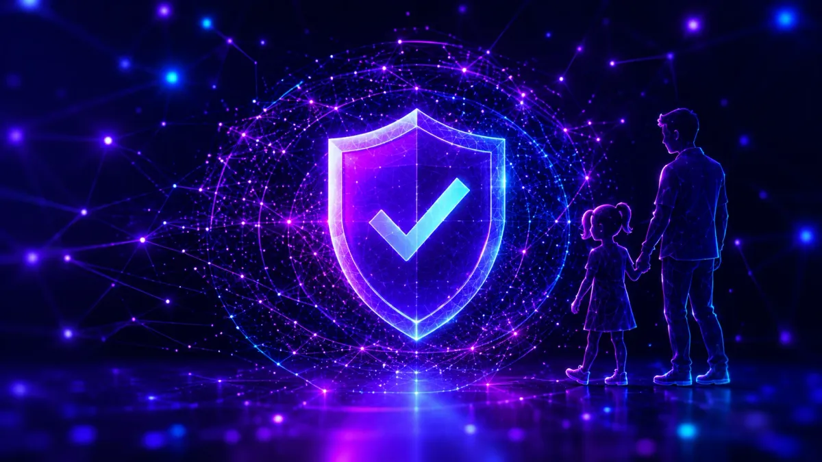 Glowing shield with a check mark at the centre of a network of light, with outlined figures of an adult and a child holding hands beside it, suggesting family safety controls