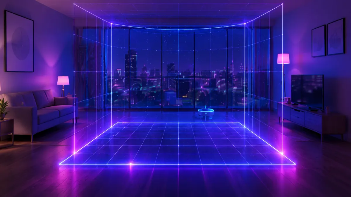 Living room at night with a glowing neon boundary projected across the floor and walls, marking out a rectangular virtual reality play area in front of a window overlooking a city skyline