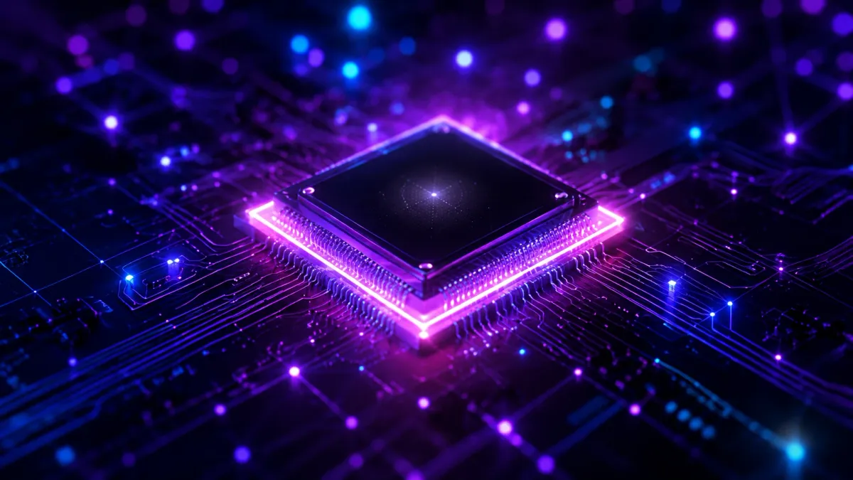 Glowing processor chip mounted on a circuit board, lit from beneath by bright magenta light with blue and purple traces radiating outwards into the dark, conveying speed and computing power