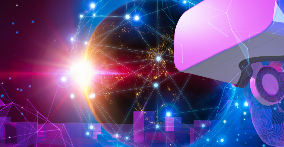 Virtual reality headset with glowing purple and blue lights in the foreground, digital globe with network connections and cityscape in the background, futuristic and energetic atmosphere