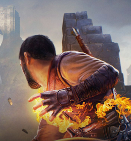 A bearded man with a sword strapped to his back turns away from the viewer with his gloved hand engulfed in flames, set against ancient stone ruins and a dramatic sky, conveying intense action and adventure