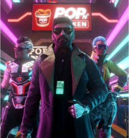 Three futuristic characters in vibrant armor stand confidently under neon lights in a cyberpunk city. The central figure wears a long coat and holds a card, while the background features a glowing sign that reads POP N CHICKEN. The scene feels energetic and intense, suggesting teamwork and action in a lively urban environment.