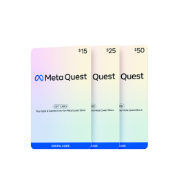 Three Meta Quest gift cards in soft pastel colors arranged side by side, each card displaying the Meta Quest logo and values of 15, 25, and 50 dollars, set against a clean white background with a modern and inviting feel. The cards include the text Meta Quest, Gift Card, Buy Apps and Games from the Meta Quest Store, and Digital Code.