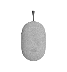 Gray oval-shaped carrying case with a fabric texture and a small black strap at the top, resting on a plain white background, creating a minimal and modern atmosphere