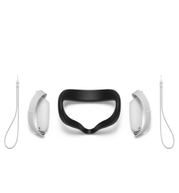 Virtual reality accessory set including a black facial interface, two white controllers with attached wrist straps, all arranged neatly on a clean white background creating a modern and organized atmosphere